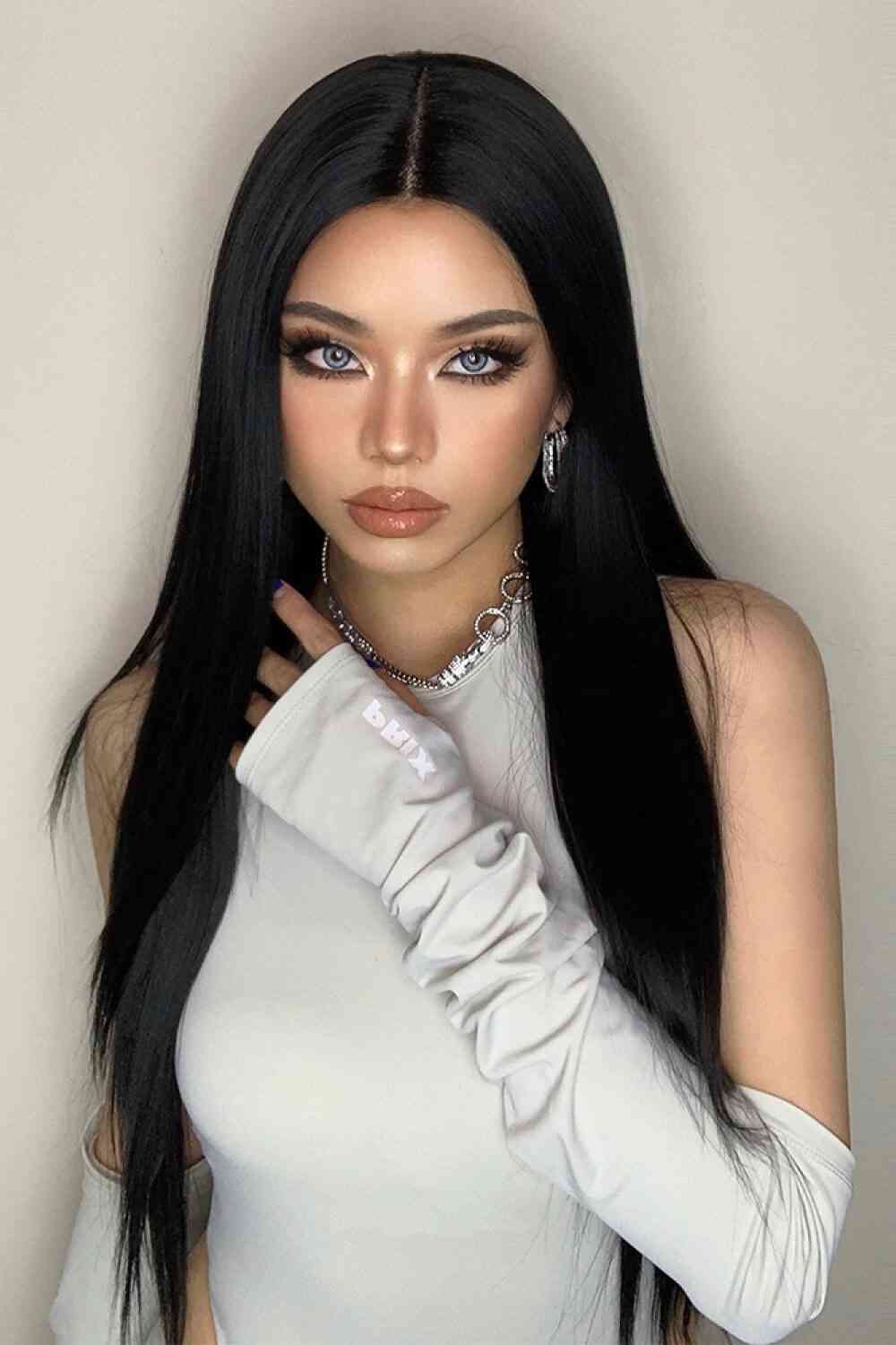 EMMOR 13*2" Long Lace Front Straight Synthetic Black Wigs 26" Long 150% Density (Cap Included)