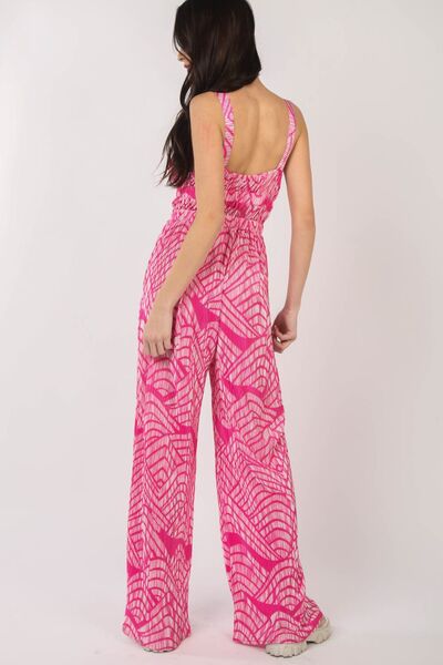 VERY J Printed Pleated Sleeveless Wide Leg Jumpsuit *