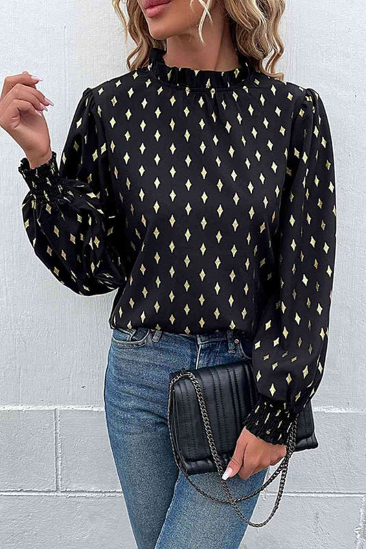 Geometric Print Frill Neck Lantern Sleeve Black Blouse