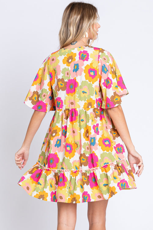 GeeGee Full Size Floral V-Neck Ruffle Trim Mini Dress *