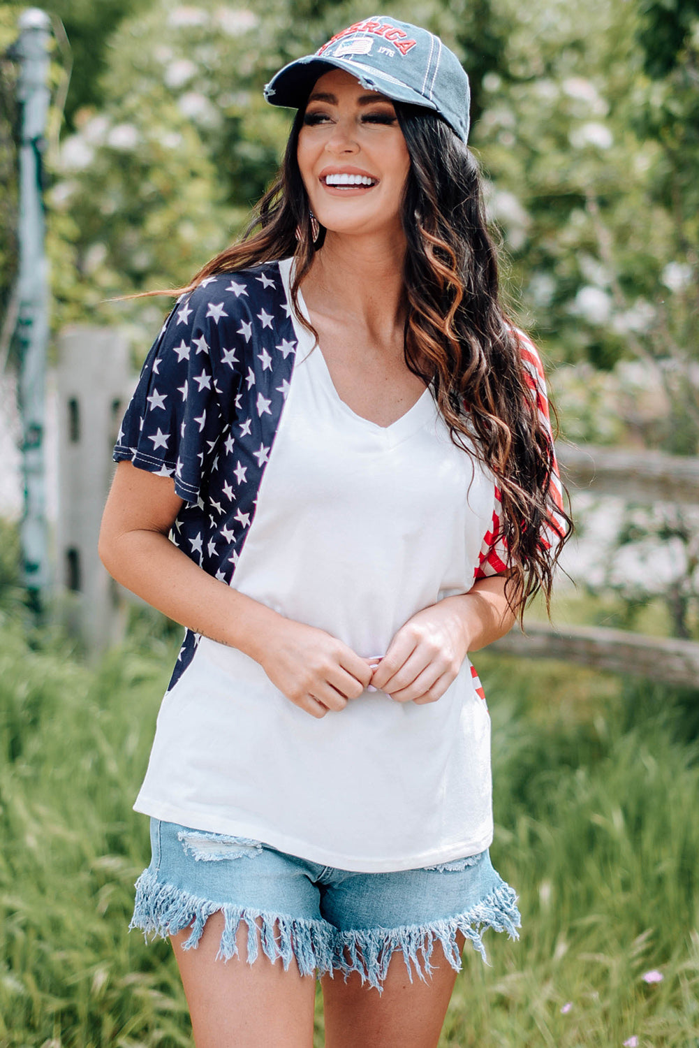 Women's Full Size US Flag Themed V-Neck Tee Shirt