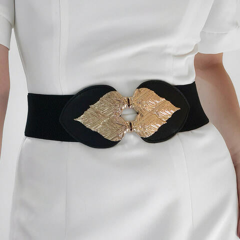 Chic Woman Alloy Leaf Buckle Elastic Belt