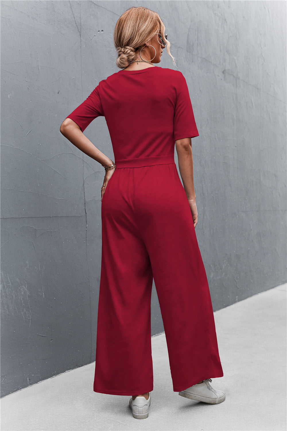 Women's Scoop Neck Half Sleeve Wide Leg Jumpsuit