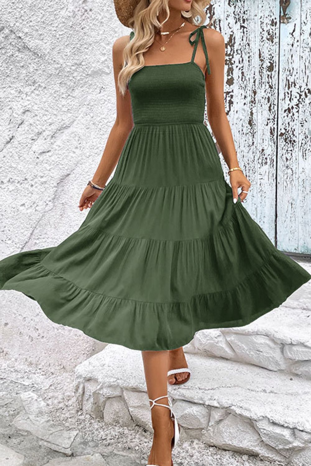 Women's Tie-Shoulder Tiered Midi Dress