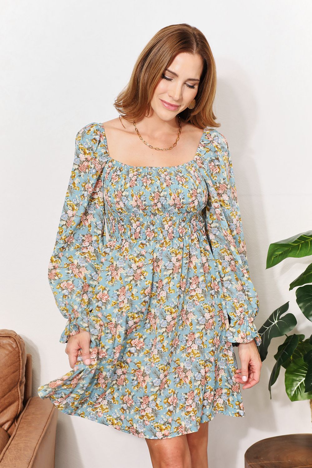 Double Take Floral Smocked Flounce Sleeve Square Neck Dress *