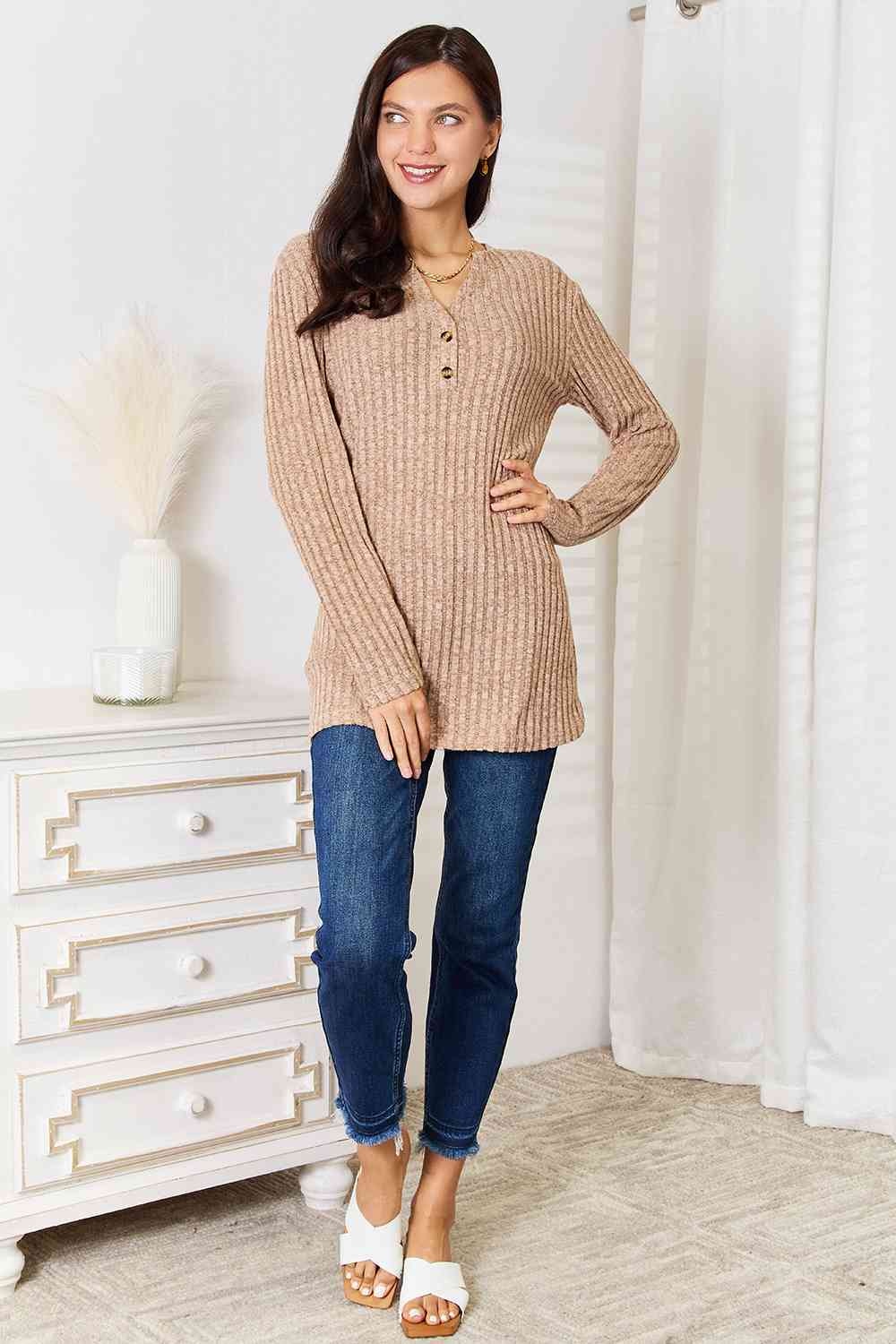 Double Take Notched Neck Ribbed Long Sleeve T-Shirt *
