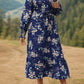 Printed Notched Lantern Sleeve Midi Dress