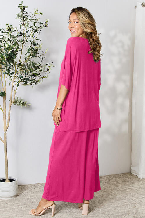 Double Take Full Size Round Neck Slit Top and Pants Set *