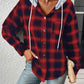 Plaid Drawstring Button Up Hooded Jacket
