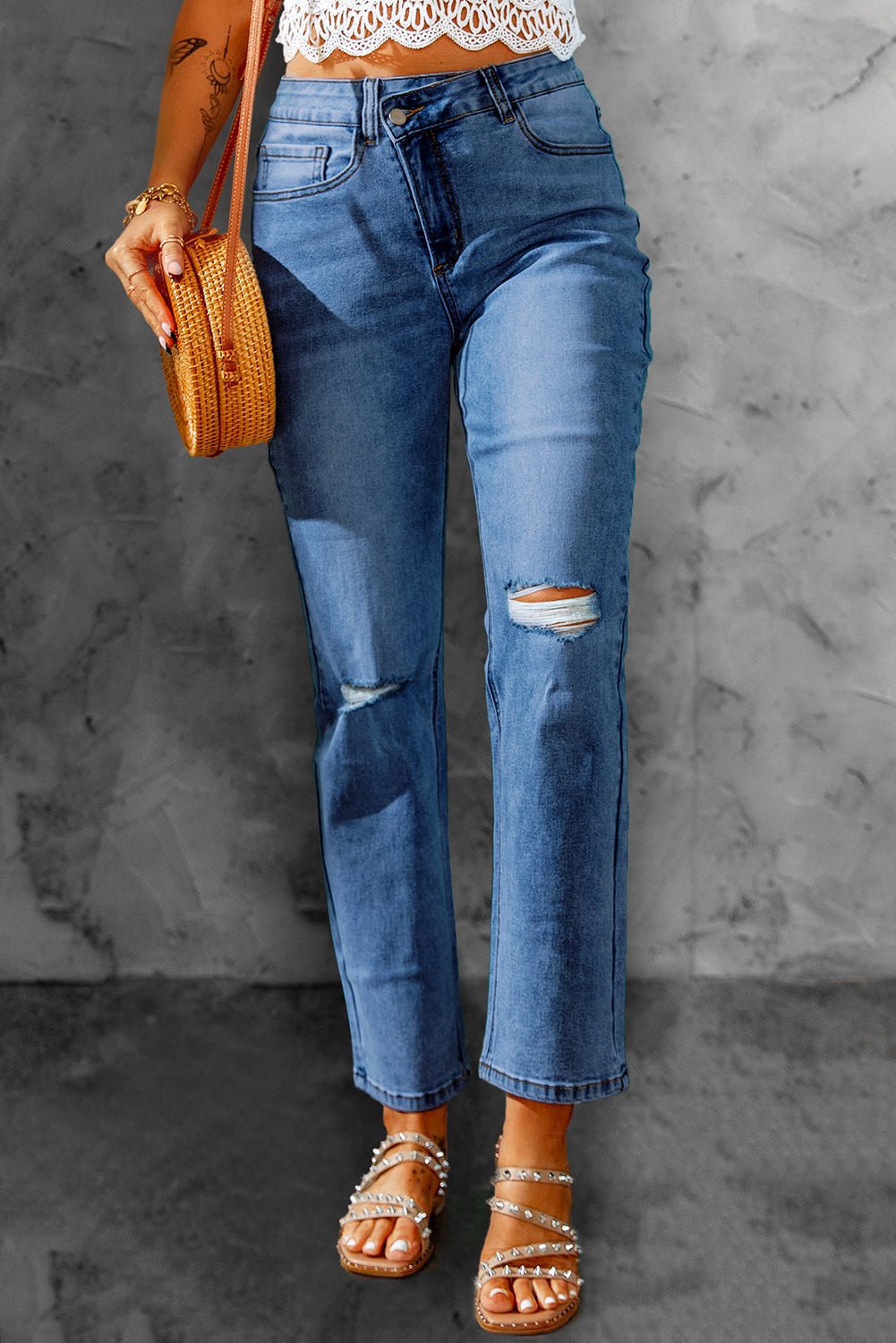 BEYOND CHIC Blue High Waist Distressed Straight Leg Jeans