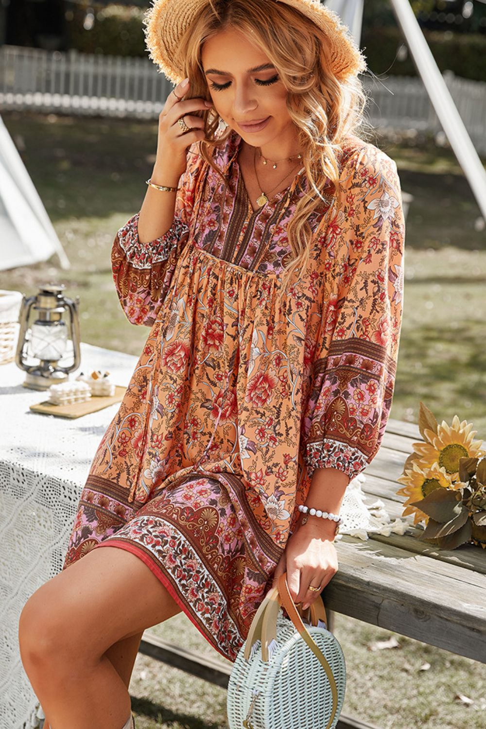 BOHO NOW Bohemian Tie Neck Balloon Sleeve Dress