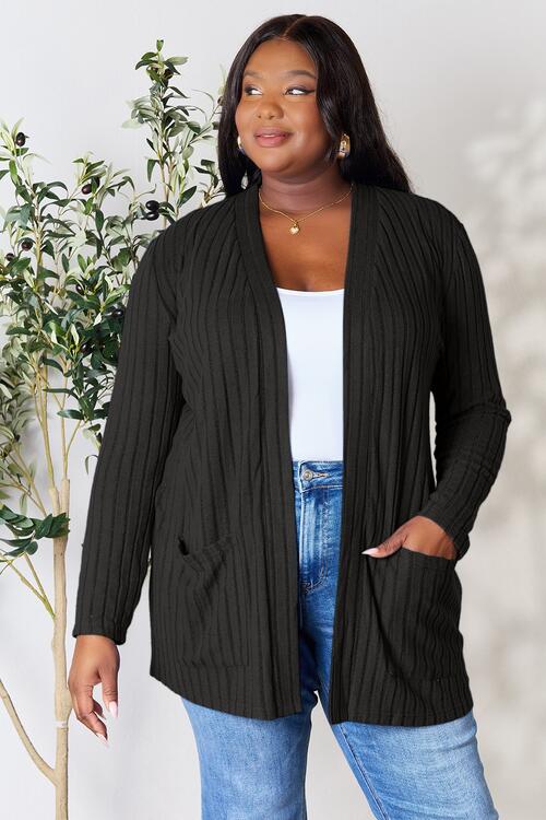 Basic Bae Full Size Ribbed Open Front Cardigan with Pockets *