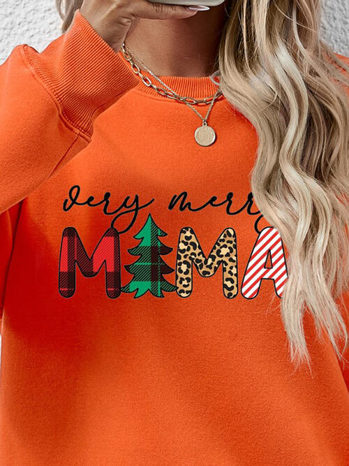 Christmas Themed VERY MERRY MAMA Letter Graphic Round Neck Long Sleeve Sweatshirt