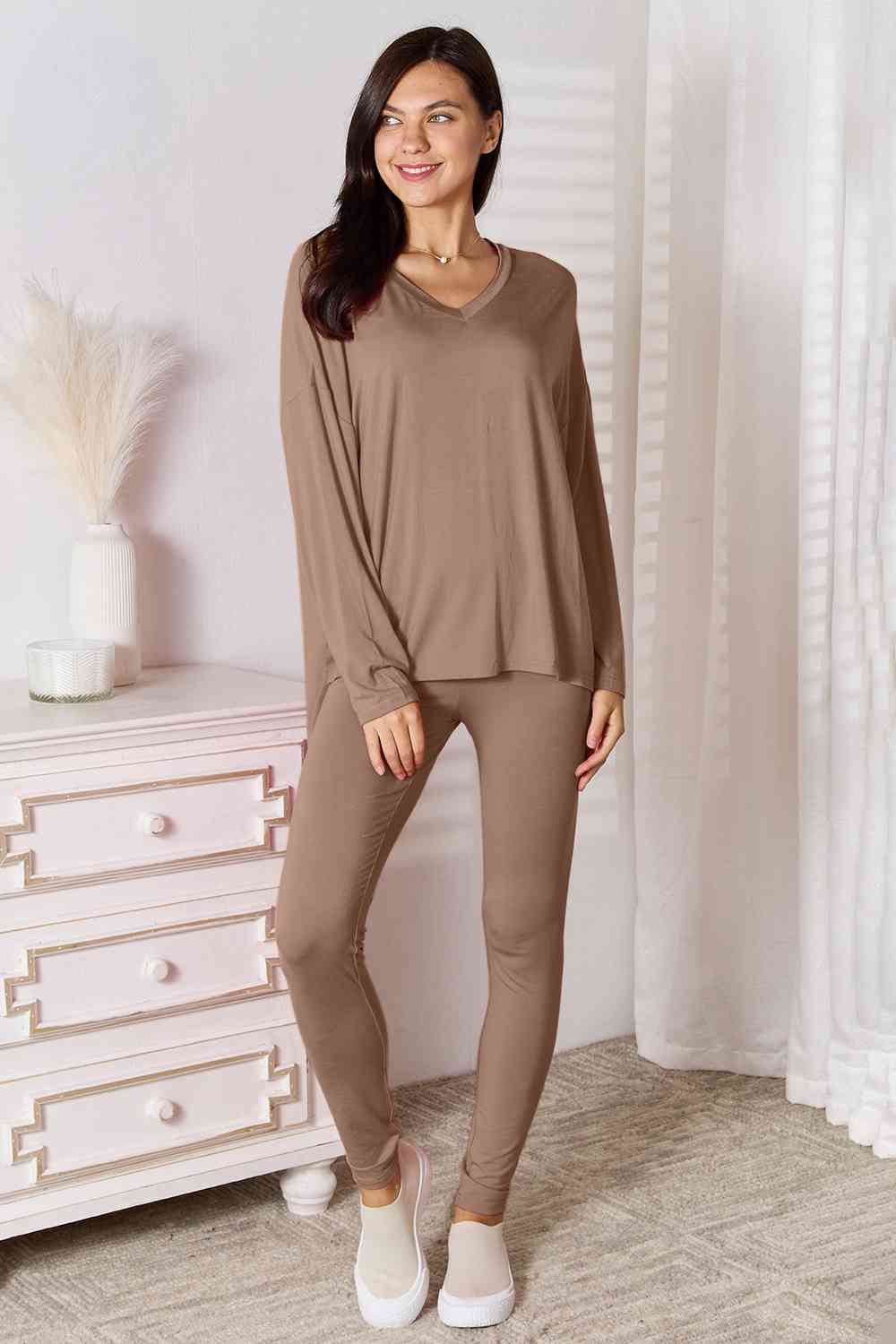 Basic Bae Full Size V-Neck Soft Rayon Long Sleeve Top and Pants Lounge Set *