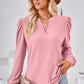 Ruched Notched Long Sleeve T-Shirt