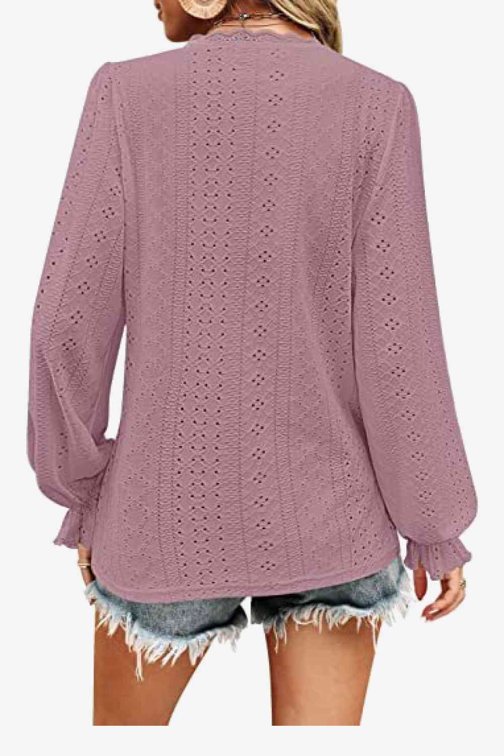 FULL SIZE Eyelet V-Neck Flounce Sleeve Blouse