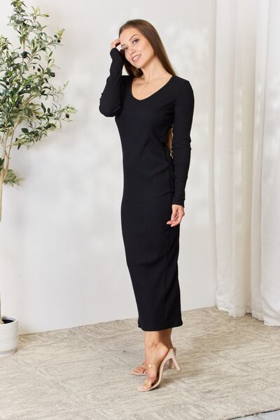 Culture Code Full Size Ribbed Long Sleeve Midi Slit Dress *