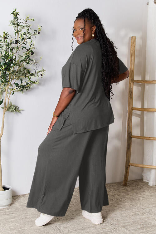 Double Take Full Size Round Neck Slit Top and Pants Set *