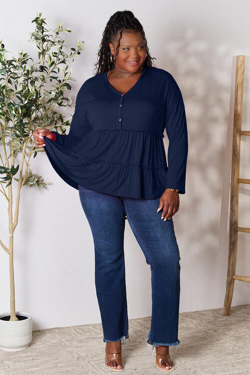 Double Take Half Button Long Sleeve Ruffle Hem Blouse *