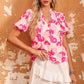 Malibu Dreams Floral Tie Neck Ruffle Shoulder Blouse