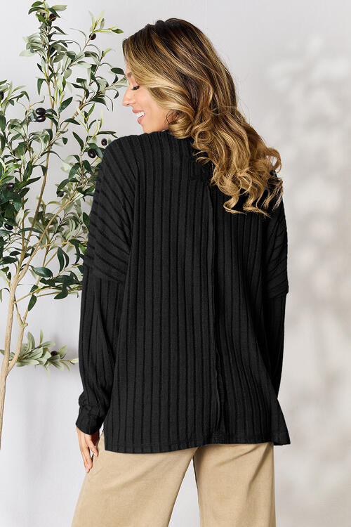 Basic Bae Full Size Ribbed Round Neck Slit Long Sleeve T-Shirt *