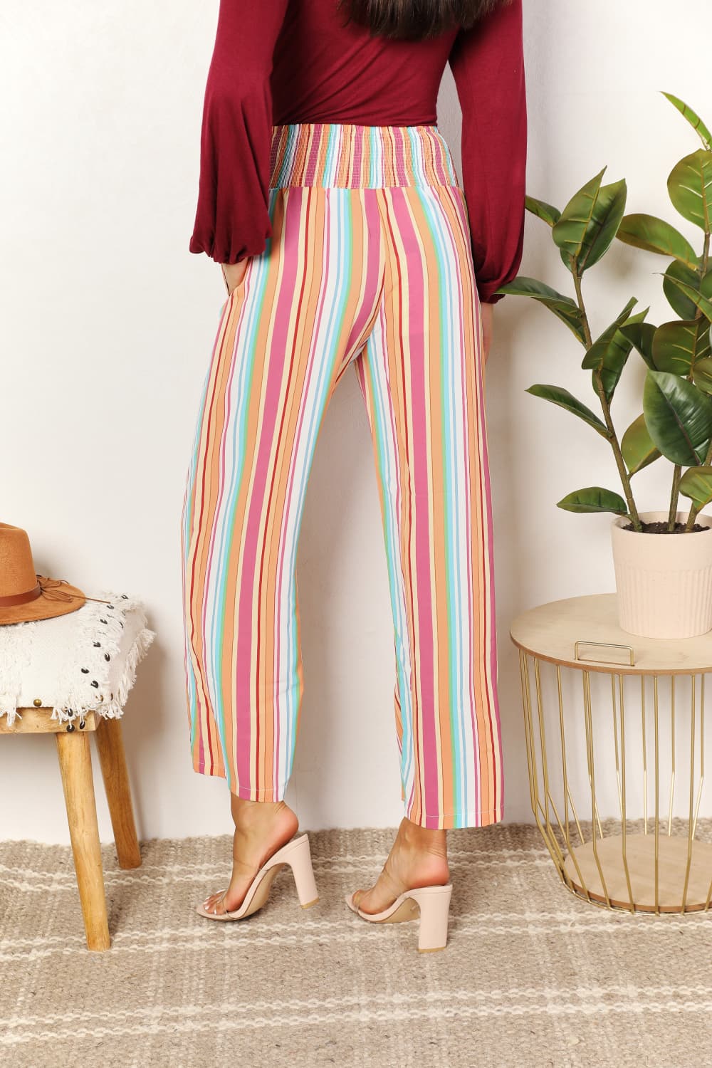 Double Take Striped Smocked Waist Pants with Pockets *