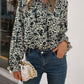 Printed Tie Neck Frill Trim Flounce Sleeve Blouse
