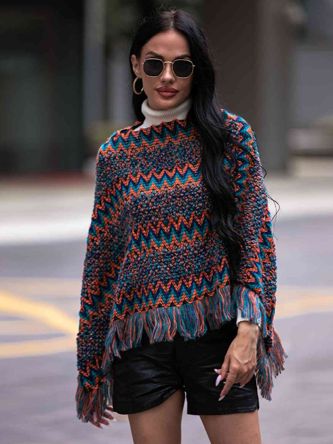 Boho Bea Fringe Hem Boatneck Poncho