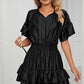 Smocked Tie Neck Flounce Sleeve Dress