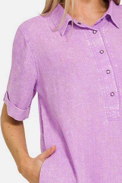Zenana Washed Linen Raw Hem Dress with Pockets - Brand Zenana