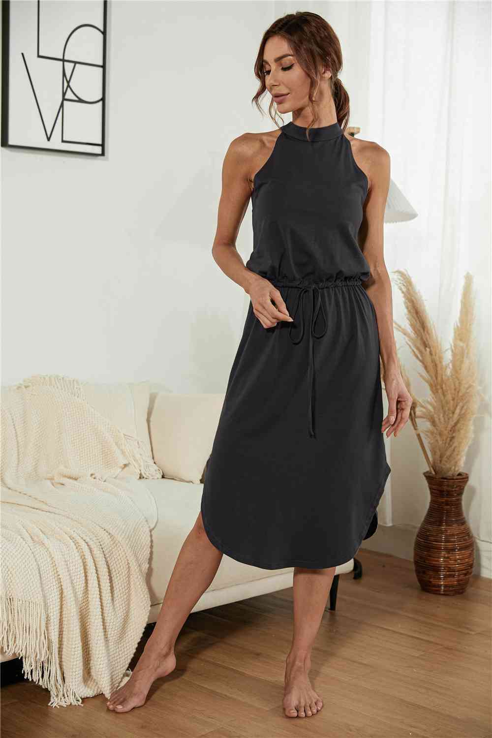 Full Size Drawstring Open Back Slit Sleeveless Dress