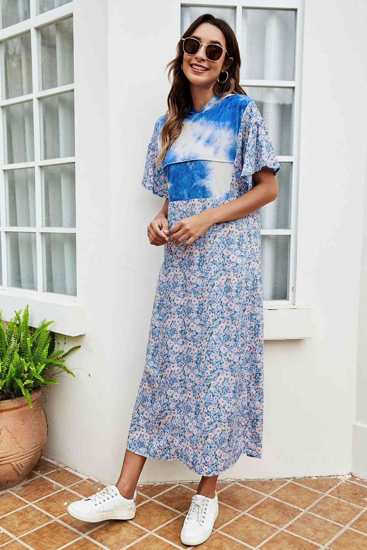 Blue Tie-Dye Floral Flutter Sleeve Hooded Dress