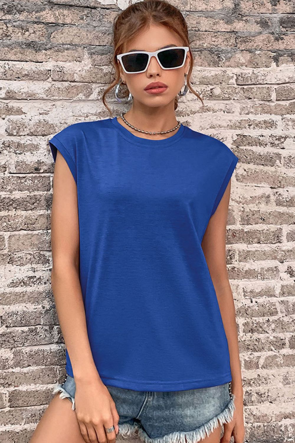 Women's Round Neck Cap Sleeve Top