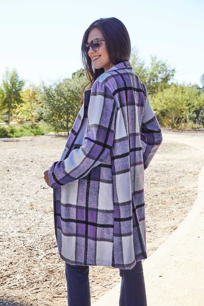 Double Take Full Size Plaid Button Up Lapel Collar Coat *