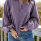 Full Size Quarter-Snap Collared Lantern Sleeve Sweatshirt