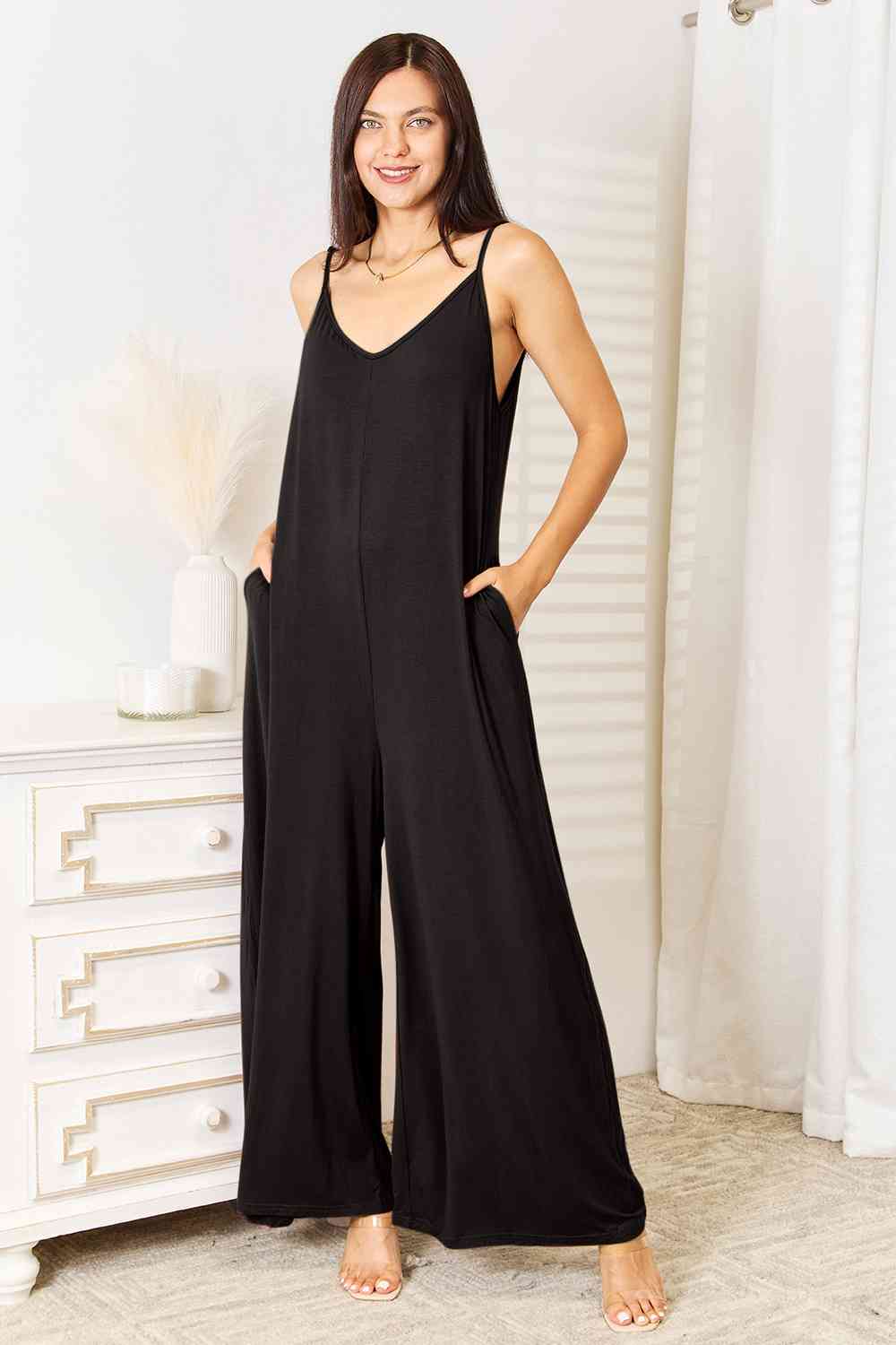 Double Take Full Size Soft Rayon Spaghetti Strap Tied Wide Leg Jumpsuit *