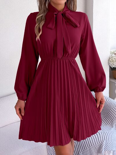 Women's Obsessed Tie Neck Balloon Sleeve Pleated Dress