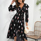 OhSoMidi Black Printed Tie Front Ruffle Trim Long Sleeve Dress