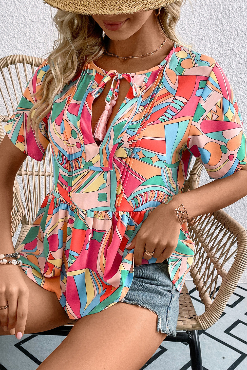 SO CHIC Printed Tie Neck Short Sleeve Blouse