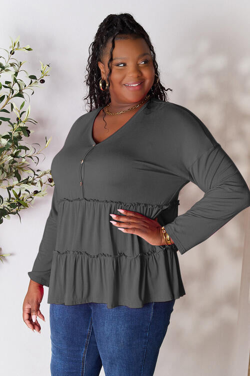 Double Take Half Button Long Sleeve Ruffle Hem Blouse *