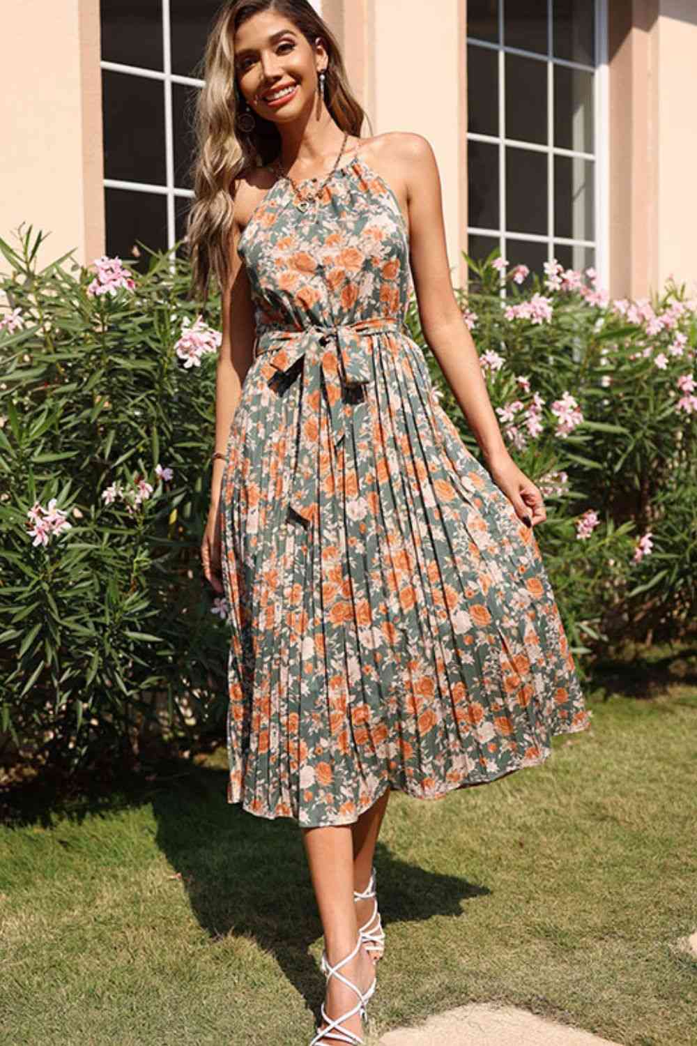 Floral Tie Waist Pleated Green Dress