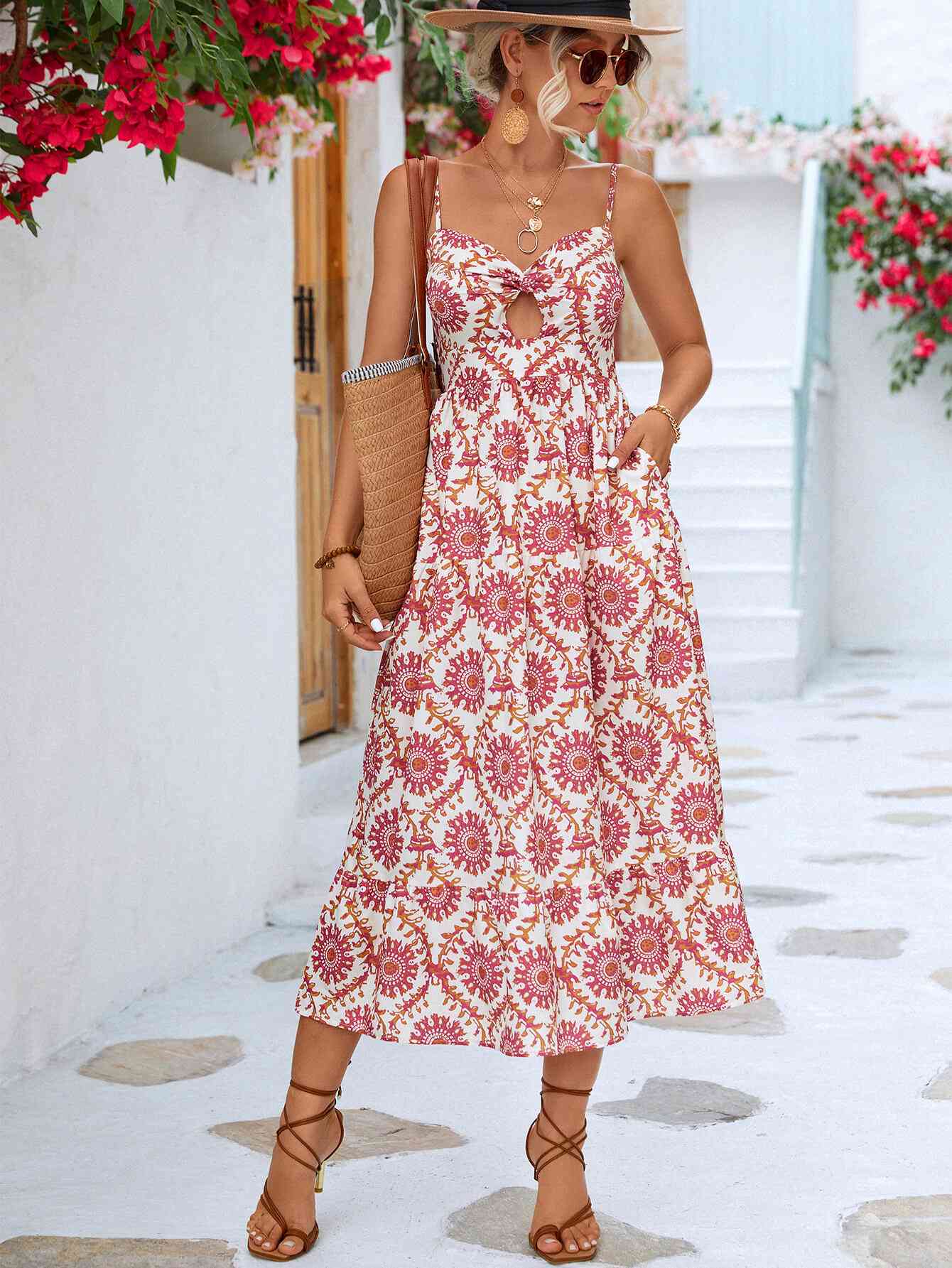 Light Mauve Printed Cutout Spaghetti Strap Midi Dress