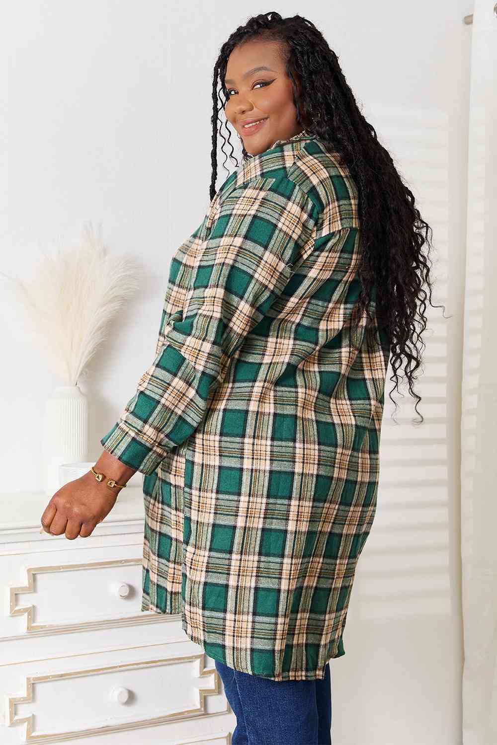 Double Take Plaid Collared Neck Long Sleeve Shirt *