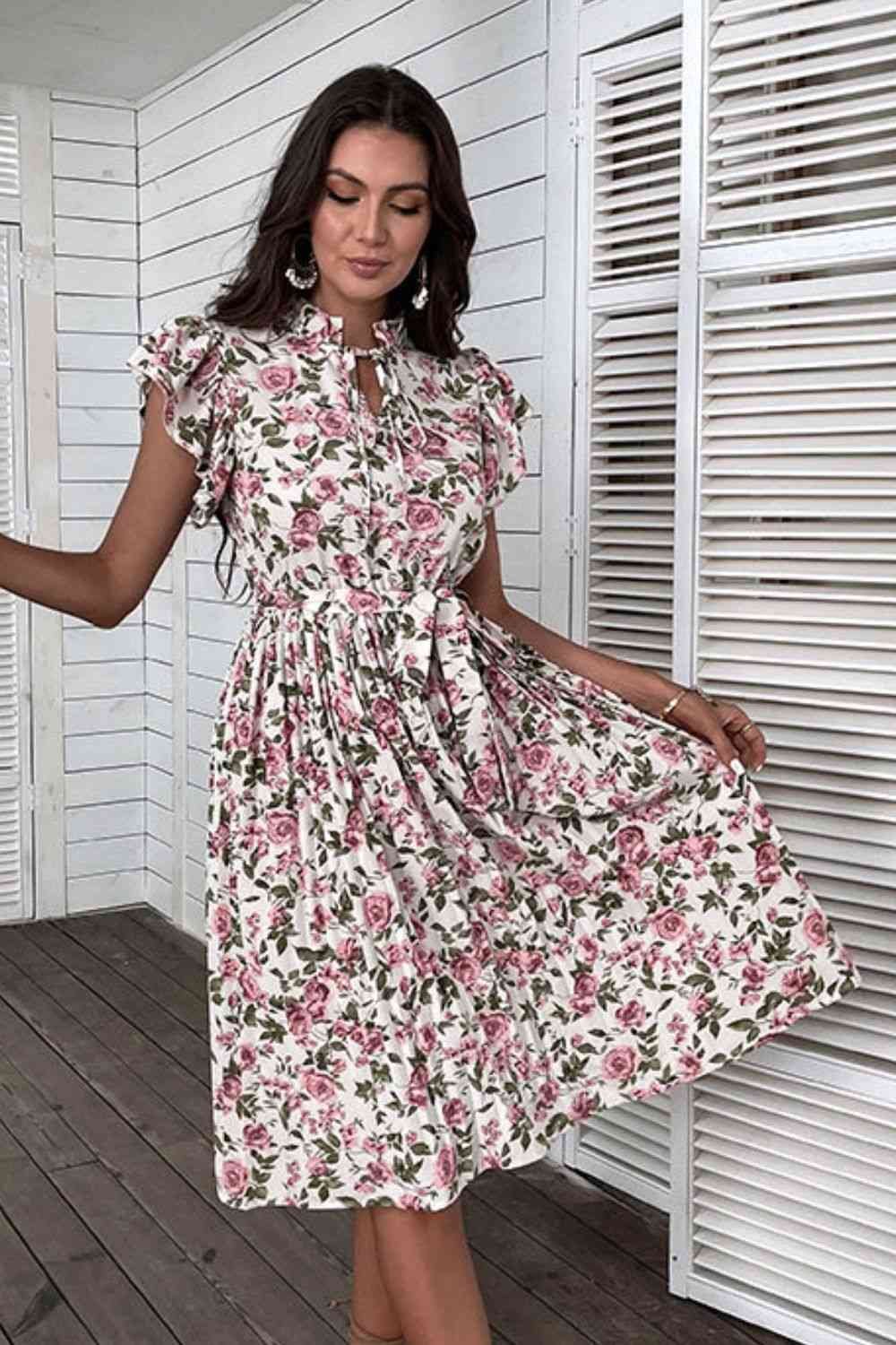 Full Size Floral Tie-Neck Flutter Sleeve White Midi Dress