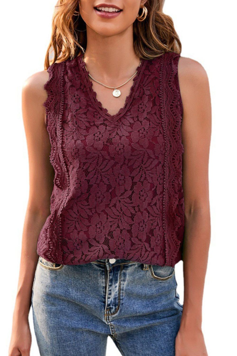 Full Size Lace V-Neck Tank