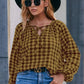 Plaid Tie Neck Balloon Sleeve Blouse