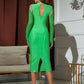 Green Cold-Shoulder Mesh Sleeve Slit Back Bodycon Dress