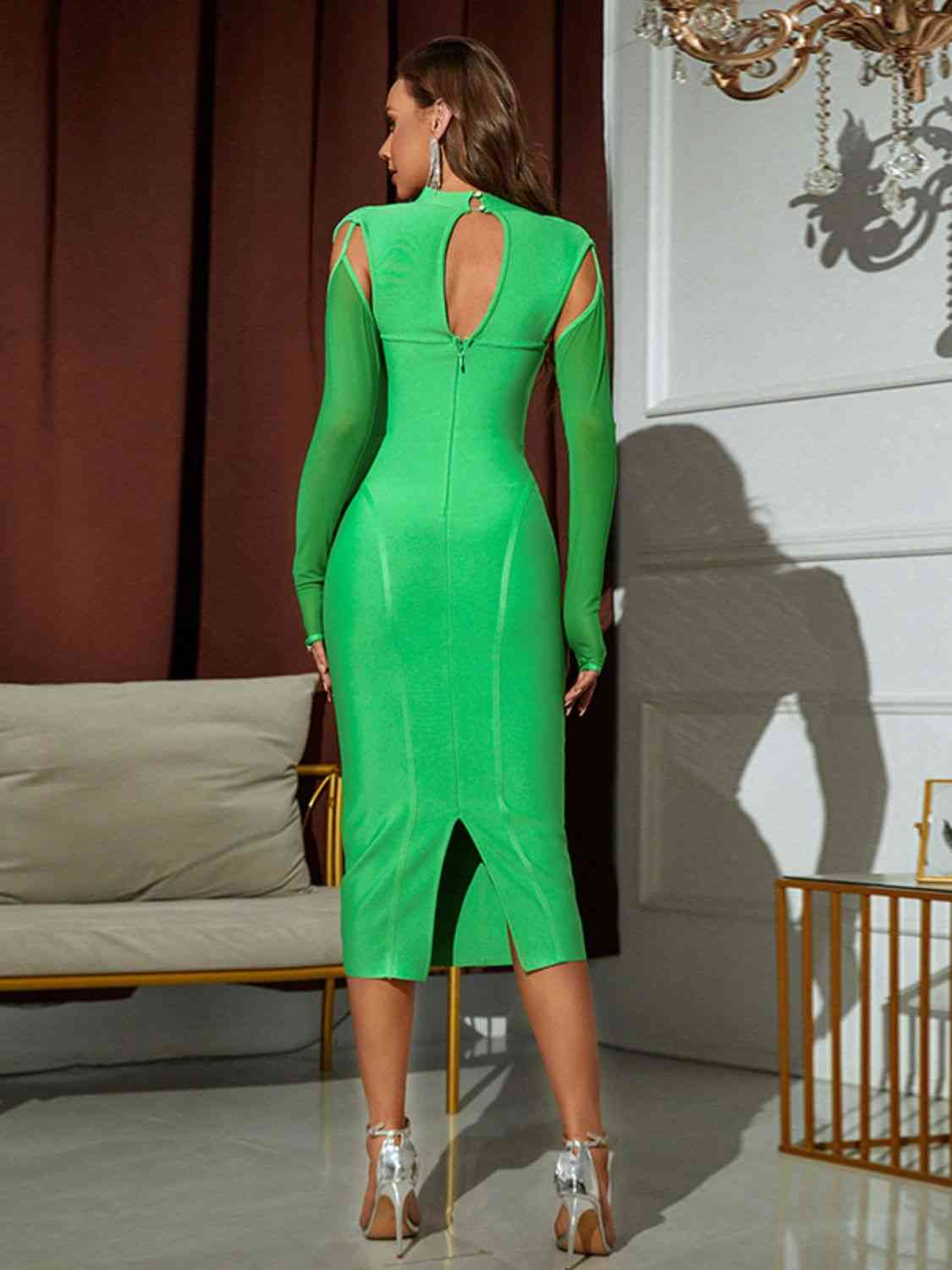 Green Cold-Shoulder Mesh Sleeve Slit Back Bodycon Dress