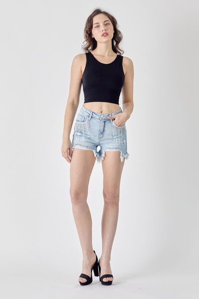 RISEN Frayed Hem Denim Shorts with Fringe Detail Pockets *