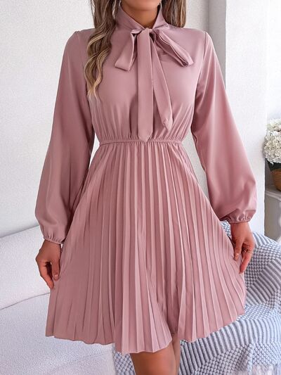 Women's Obsessed Tie Neck Balloon Sleeve Pleated Dress